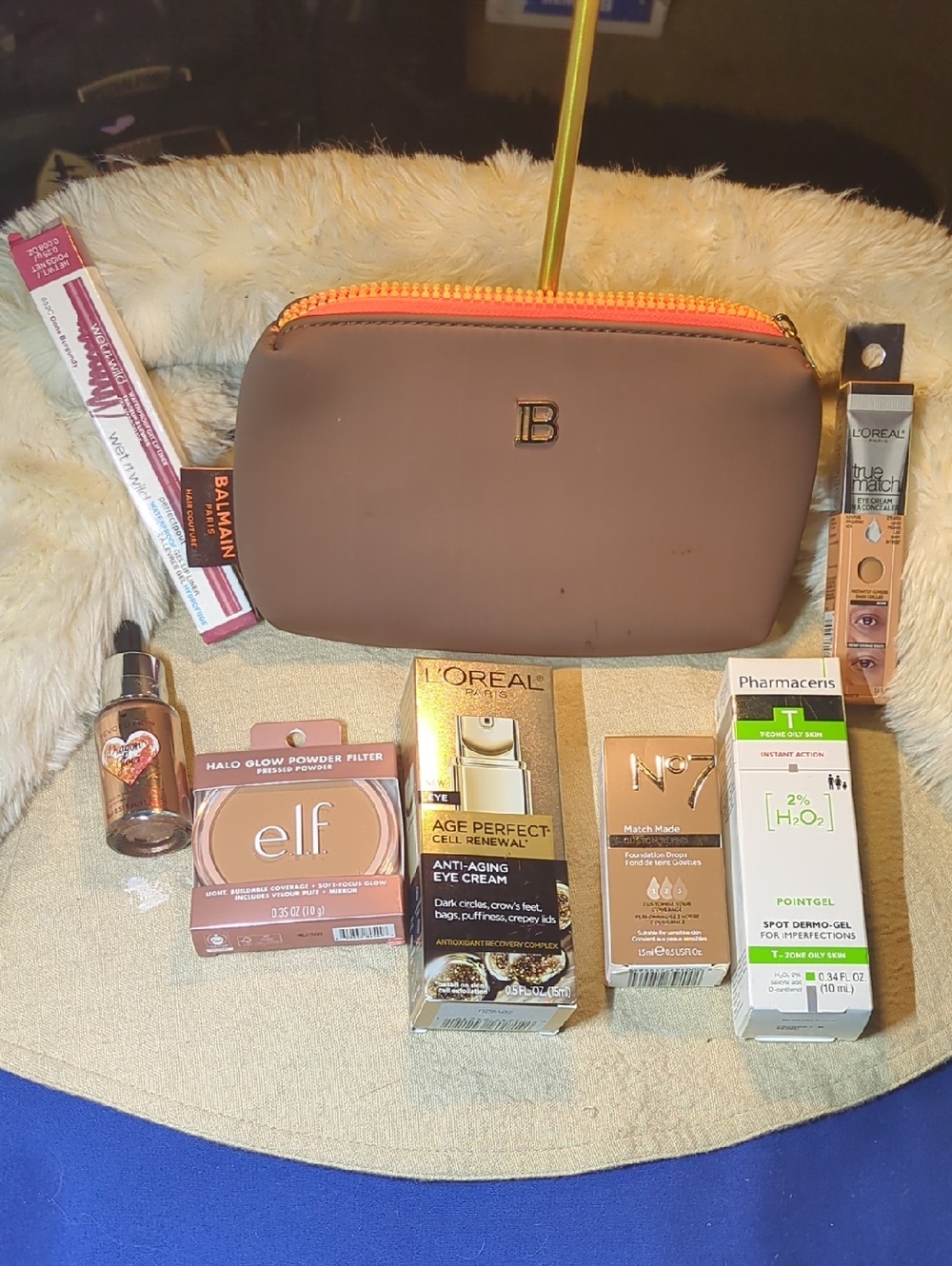 BALMAIN Cosmetic Pouch with Orange Zipper & Cosmetics $125